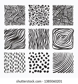 Hand drawn textures and brush strokes. Artistic collection of handcrafted design elements. Natural graphic patterns, wavy line textures, paint dabs, abstract backgrounds for prints, poster templates.