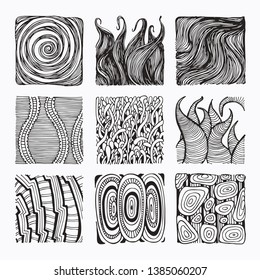 Hand drawn textures and brush strokes. Artistic collection of handcrafted design elements. Natural graphic patterns, wavy line textures, paint dabs, abstract backgrounds for prints, poster templates.