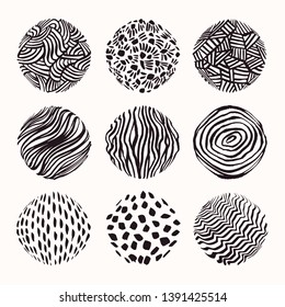 Hand drawn textures and brush strokes. Artistic collection of handcrafted design elements. Natural graphic patterns, wavy line textures, paint dabs, abstract backgrounds for prints, poster templates.