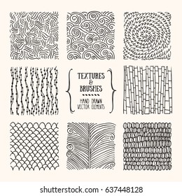 Hand drawn textures & brush strokes. Artistic collection of handcrafted design elements: natural graphic patterns, wavy line textures, paint dabs, abstract backgrounds for flyer & poster templates.