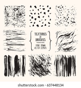 Hand drawn textures & brush strokes. Artistic collection of handcrafted design elements: scribble textures, wavy lines, ink paint dabs, grunge backgrounds, natural patterns. Isolated vector set.