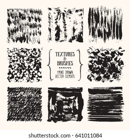 Hand drawn textures & brush strokes. Artistic collection of handcrafted elements: scribble lines, paint dabs, ink splashes, abstract pattern, grunge background for flyer, invitation, poster templates.