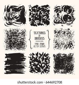 Hand drawn textures & brush strokes. Artistic collection of handcrafted elements, scribble lines, paint dabs, ink splashes, abstract pattern, grunge background for flyer, invitation, poster templates.