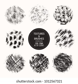 Hand drawn textures & brushes. Artistic collection of handcrafted design elements: paint dabs, brush strokes, ink splashes, grunge backgrounds, abstract patterns, ink smears. Isolated vector set.