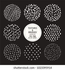 Hand drawn textures and brushes. Artistic collection of handcrafted design elements: squiggles, organic patterns, floral ornaments, abstract lines, stippling made with ink. Isolated vector set.