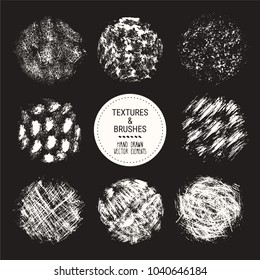 Hand drawn textures & brushes. Artistic collection of handcrafted design elements: paint dabs, brush strokes, ink splashes, grunge backgrounds, abstract patterns, ink smears. Isolated vector set.