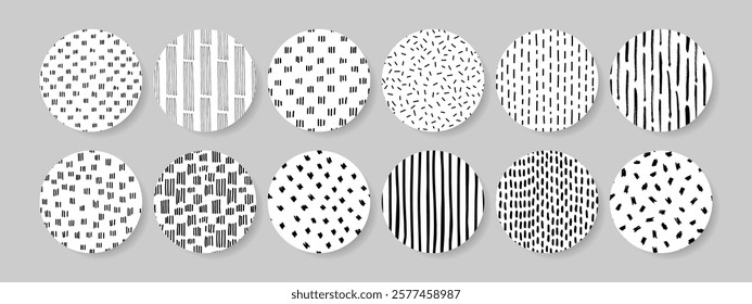 Hand drawn textures and brushes. Artistic collection of design elements - brush strokes, paint dabs, wavy lines, abstract backgrounds, and patterns made with ink. Vector illustration