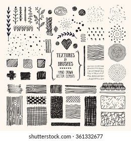 Hand drawn textures and brushes. Artistic collection of vector design elements: art brushes with plants, brush strokes, paint dabs, patterns made with ink. Pattern brushes are included in EPS.