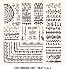 Hand drawn textures and brushes. Artistic collections of design elements: flowers, brunches, plants, geometric shapes, ethnic patterns made with ink. Pattern brushes are included in EPS.