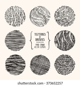 Hand drawn textures and brushes. Artistic collection of design elements: brush strokes, paint dabs, wavy lines, abstract backgrounds, patterns made with ink. Isolated vector.