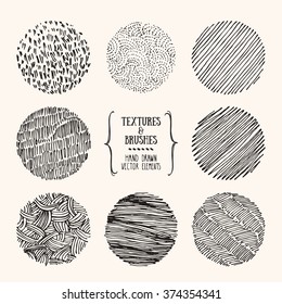 Hand drawn textures and brushes. Artistic collection of design elements: brush strokes, paint dabs, wavy lines, abstract backgrounds, patterns made with ink. Isolated vector.