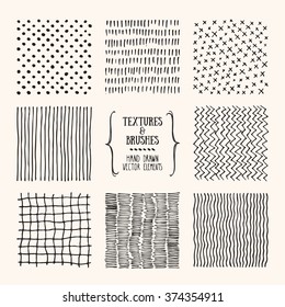 Hand drawn textures and brushes. Artistic collection of design elements: graphic patterns, geometric ornaments, abstract lines made with ink. Isolated vector.