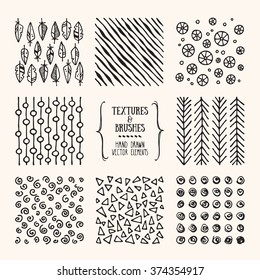 Hand drawn textures and brushes. Artistic collection of design elements: graphic patterns, geometric ornaments, abstract lines made with ink. Isolated vector.