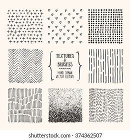 Hand drawn textures   brushes  Artistic collection design elements: dots  hearts  brush strokes  paint dabs  wavy lines  abstract backgrounds  patterns made and ink  Isolated vector 