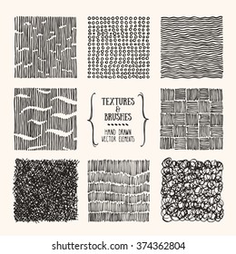 Hand drawn textures and brushes. Artistic collection of design elements: bubbles, brush strokes, wavy lines, abstract backgrounds made with ink. Isolated vector.