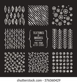 Hand drawn textures and brushes. Artistic collection of design elements: graphic patterns, geometric ornaments, abstract lines made with ink. Isolated vector.