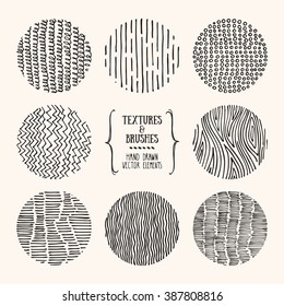 Hand drawn textures and brushes. Artistic collection of design elements: hatching ornament, brush strokes, wavy lines, abstract backgrounds, wood pattern made with ink. Isolated vector.