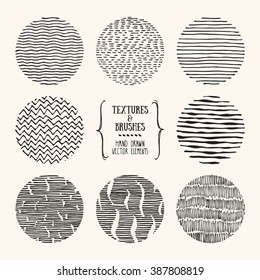 Hand drawn textures and brushes. Artistic collection of design elements: linear tribal ornaments, brush strokes, wavy lines, abstract backgrounds made with ink. Isolated vector.