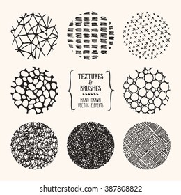 Hand drawn textures and brushes. Artistic collection of design elements: bubbles, brush strokes, wavy lines, abstract backgrounds, natural pattern made with ink. Isolated vector.