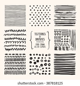 Hand drawn textures and brushes. Artistic collection of design elements: grungy lines, brush strokes, wavy lines, tribal backgrounds, natural pattern made with ink. Isolated vector.