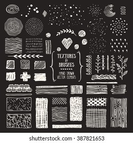 Hand drawn textures and brushes. Artistic collections of design elements: floral brunches, natural shapes, brush strokes, patterns made with ink. Brushes are included in EPS. Isolated vector.