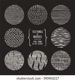 Hand drawn textures and brushes. Artistic collection of design elements: linear tribal ornaments, brush strokes, wavy lines, abstract backgrounds made with ink. Isolated vector.