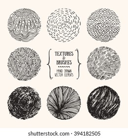 Hand drawn textures and brushes. Artistic collection of design elements: bubbles, brush strokes, wavy lines, abstract backgrounds, natural pattern made with ink. Isolated vector.