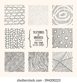 Hand drawn textures and brushes. Artistic collection of design elements: tribal patterns, geometric ornaments, abstract lines made with ink. Isolated vector.