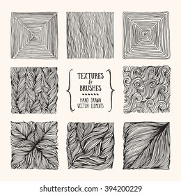 Hand drawn textures and brushes. Artistic collection of design elements: bubbles, brush strokes, wavy lines, abstract backgrounds, natural pattern made with ink. Isolated vector.