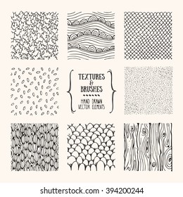 Hand drawn textures and brushes. Artistic collection of design elements: bubbles, brush strokes, wavy lines, abstract backgrounds, natural pattern made with ink. Isolated vector.