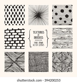 Hand drawn textures and brushes. Artistic collection of design elements: geometric shapes, wavy lines, abstract backgrounds, natural pattern made with ink. Isolated vector.