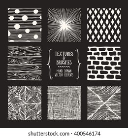 Hand drawn textures and brushes. Artistic collection of design elements: geometric shapes, wavy lines, abstract backgrounds, natural pattern made with ink. Isolated vector.