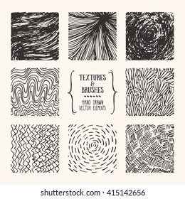 Hand drawn textures and brushes. Artistic collection of design elements: bubbles, brush strokes, wavy lines, abstract backgrounds, natural pattern made with ink. Isolated vector.
