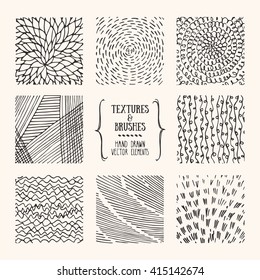 Hand drawn textures and brushes. Artistic collection of design elements: brush strokes, paint dabs, wavy lines, abstract backgrounds, patterns made with ink. Isolated vector.