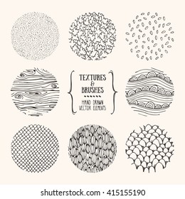 Hand drawn textures and brushes. Artistic collection of design elements: bubbles, brush strokes, wavy lines, abstract backgrounds, natural pattern made with ink. Isolated vector.