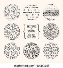 Hand drawn textures and brushes. Artistic collection of design elements: tribal patterns, geometric ornaments, abstract lines made with ink. Isolated vector.