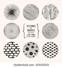 Hand drawn textures and brushes. Artistic collection of design elements: geometric shapes, wavy lines, abstract backgrounds, natural pattern made with ink. Isolated vector.