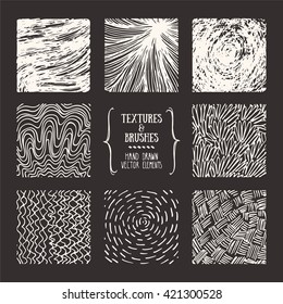 Hand drawn textures and brushes. Artistic collection of design elements: bubbles, brush strokes, wavy lines, abstract backgrounds, natural pattern made with ink. Isolated vector.