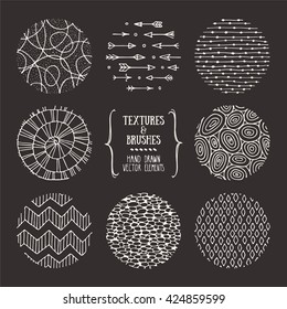 Hand drawn textures and brushes. Artistic collection of design elements: tribal patterns, geometric ornaments, abstract lines made with ink. Isolated vector.