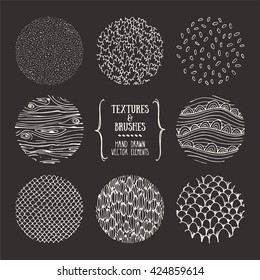 Hand drawn textures and brushes. Artistic collection of design elements: bubbles, brush strokes, wavy lines, abstract backgrounds, natural pattern made with ink. Isolated vector.