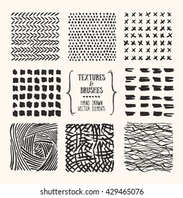 Hand drawn textures and brushes. Artistic collection of design elements: bubbles, brush strokes, paint dabs, rough lines, abstract backgrounds, patterns made with ink. Isolated vector set.