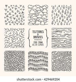 Hand drawn textures and brushes. Artistic collection of design elements: bubbles, brush strokes, paint dabs, natural ornament, wavy lines, abstract backgrounds, patterns made with ink. Isolated vector