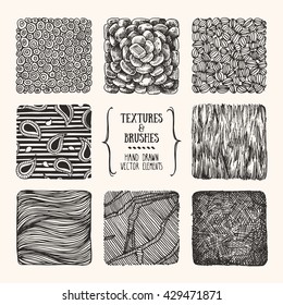 Hand drawn textures and brushes. Artistic collection of design elements: bubbles, stones, bricks, wavy lines, natural backgrounds, paisley pattern made with ink. Isolated vector.