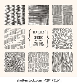 Hand drawn textures and brushes. Artistic collection of design elements: brush strokes, paint dabs, wavy lines, abstract backgrounds, hatch patterns made with ink. Isolated vector.