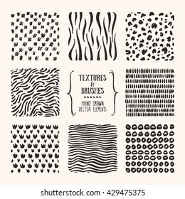 Hand drawn textures and brushes. Artistic collection of design elements: bubbles, animal skin, brush strokes, paint dabs, wavy lines, abstract backgrounds, patterns made with ink. Isolated vector set.