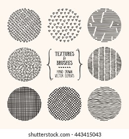 Hand drawn textures and brushes. Artistic collection of design elements: bubbles, brush strokes, paint dabs, hearts, wavy lines, abstract backgrounds, patterns made with ink. Isolated vector set.