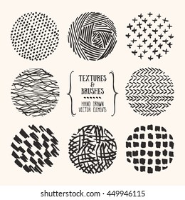 Hand drawn textures and brushes. Artistic collection of design elements: bubbles, brush strokes, paint dabs, rough lines, abstract backgrounds, patterns made with ink. Isolated vector set.