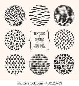 Hand drawn textures and brushes. Artistic collection of design elements: bubbles, animal skin, brush strokes, paint dabs, wavy lines, abstract backgrounds, patterns made with ink. Isolated vector set.