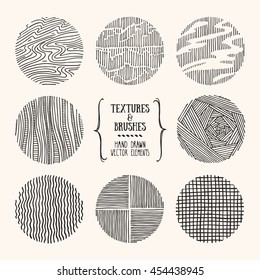 Hand drawn textures and brushes. Artistic collection of design elements: brush strokes, paint dabs, wavy lines, abstract backgrounds, hatch patterns made with ink. Isolated vector.