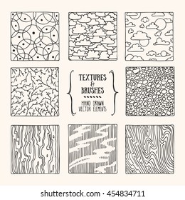 Hand drawn textures and brushes. Artistic collection of design elements: bubbles, stones, bricks, wavy lines backgrounds, natural pattern made with ink. Isolated vector.